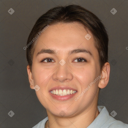 Joyful white young-adult female with short  brown hair and brown eyes