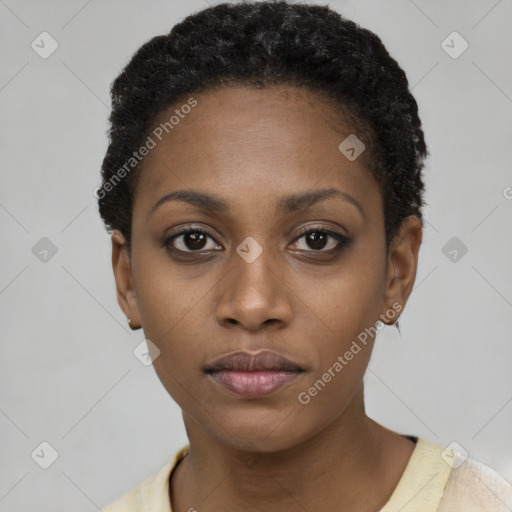 Neutral black young-adult female with short  black hair and brown eyes