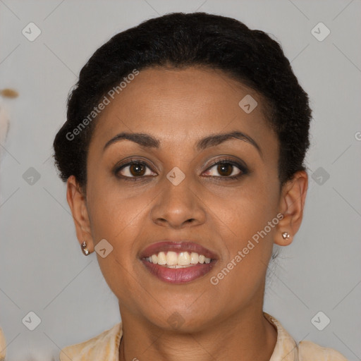 Joyful latino young-adult female with short  brown hair and brown eyes