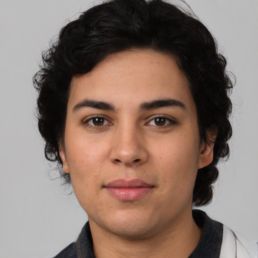 Neutral latino young-adult female with medium  black hair and brown eyes