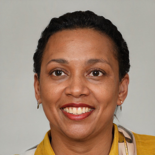 Joyful black adult female with short  brown hair and brown eyes