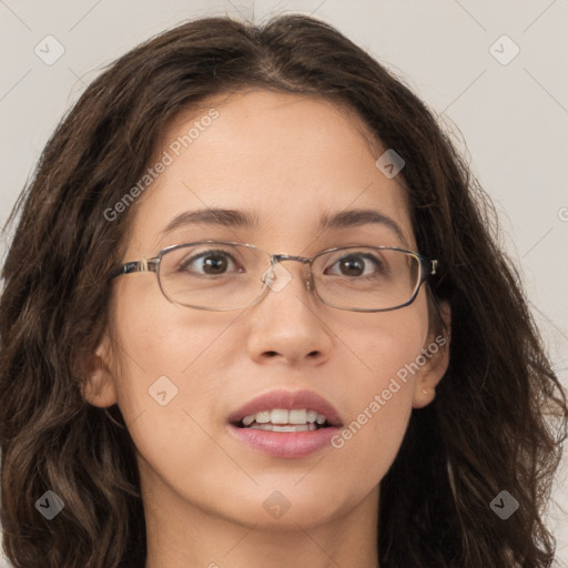 Joyful white young-adult female with long  brown hair and grey eyes