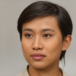 Neutral asian young-adult female with medium  brown hair and brown eyes