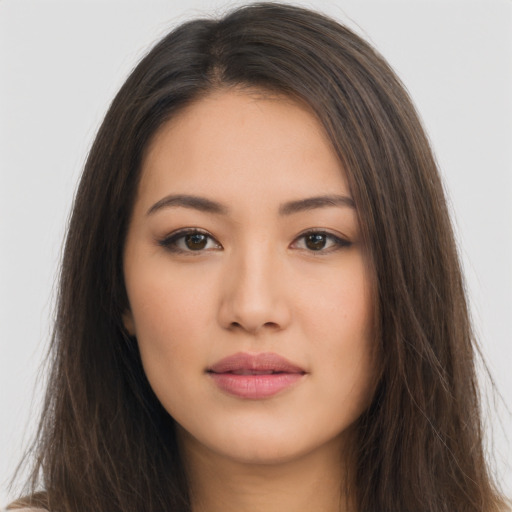 Neutral asian young-adult female with long  brown hair and brown eyes
