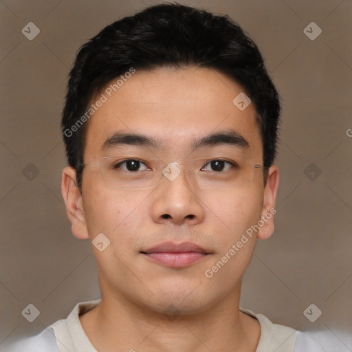 Neutral asian young-adult male with short  black hair and brown eyes