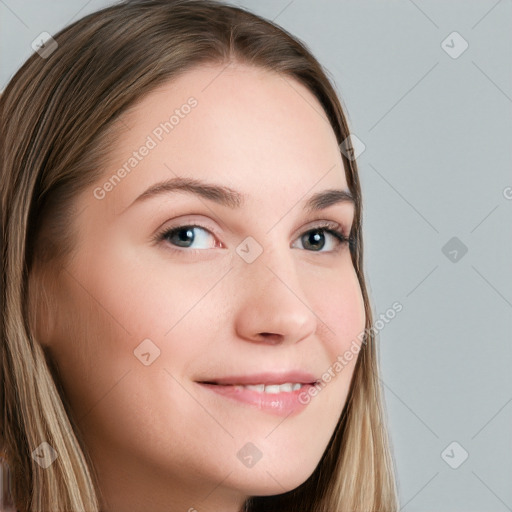 Joyful white young-adult female with long  brown hair and blue eyes