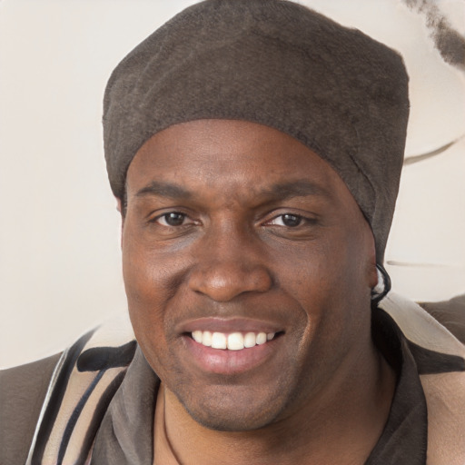 Joyful black young-adult male with short  brown hair and brown eyes