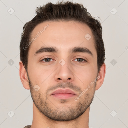 Neutral white young-adult male with short  brown hair and brown eyes