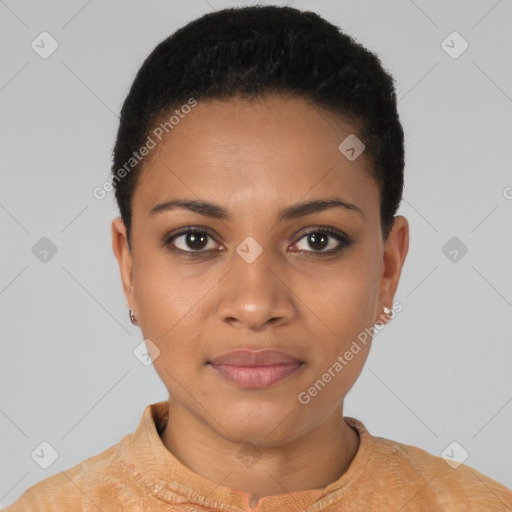 Joyful black young-adult female with short  black hair and brown eyes