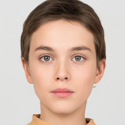 Neutral white young-adult female with short  brown hair and brown eyes