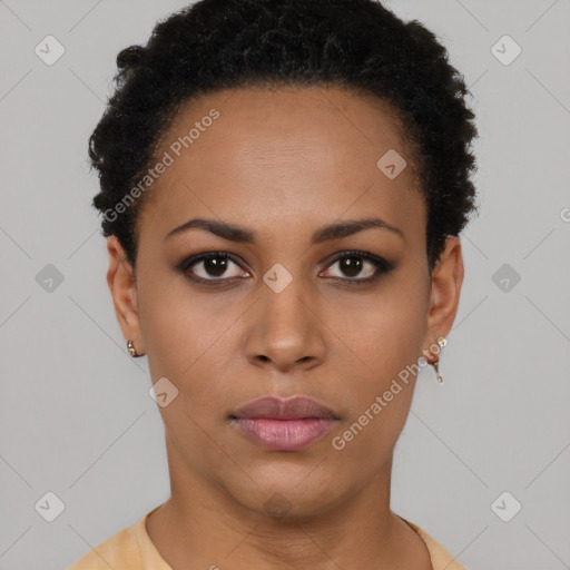 Neutral black young-adult female with short  black hair and brown eyes