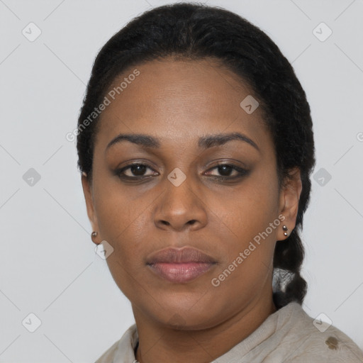 Neutral black young-adult female with short  black hair and brown eyes