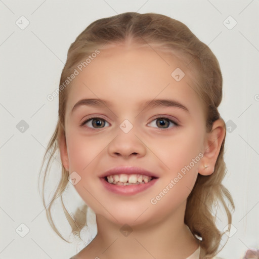 Joyful white child female with medium  brown hair and brown eyes