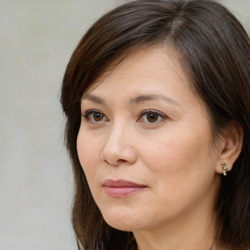 Neutral white adult female with medium  brown hair and brown eyes