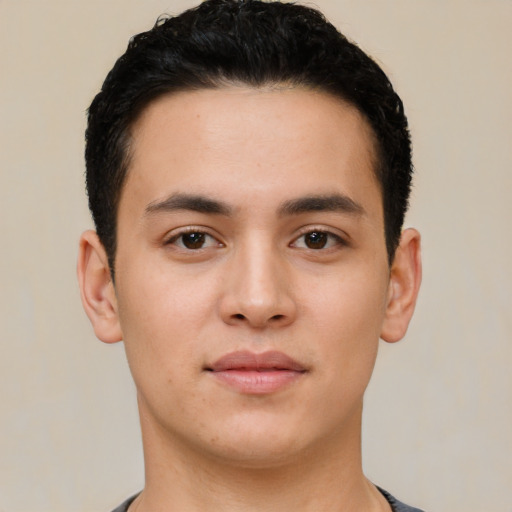 Neutral white young-adult male with short  black hair and brown eyes