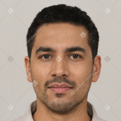 Neutral latino young-adult male with short  black hair and brown eyes