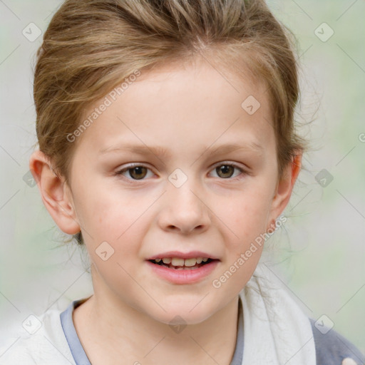 Joyful white child female with medium  brown hair and grey eyes