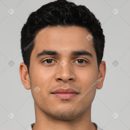 Neutral latino young-adult male with short  black hair and brown eyes