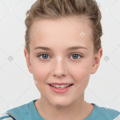 Joyful white child female with short  brown hair and grey eyes