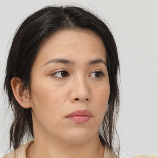 Neutral asian young-adult female with medium  brown hair and brown eyes