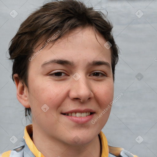 Joyful white young-adult female with short  brown hair and brown eyes