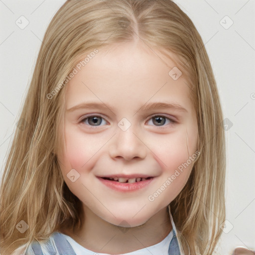 Joyful white child female with medium  brown hair and blue eyes