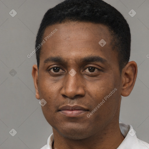 Neutral black young-adult male with short  black hair and brown eyes