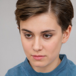 Neutral white young-adult female with short  brown hair and brown eyes