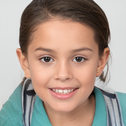 Joyful white child female with medium  brown hair and brown eyes