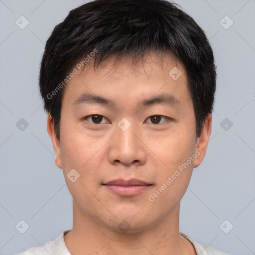 Neutral asian young-adult male with short  brown hair and brown eyes