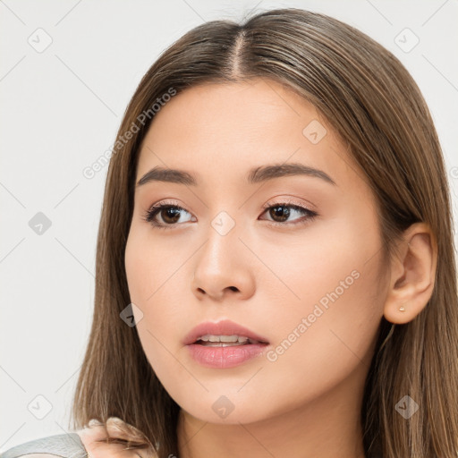 Neutral white young-adult female with long  brown hair and brown eyes