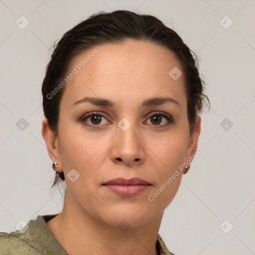 Neutral white young-adult female with short  brown hair and brown eyes