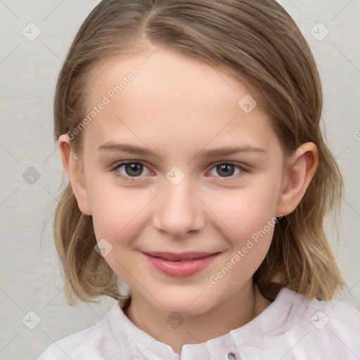 Joyful white child female with medium  brown hair and brown eyes