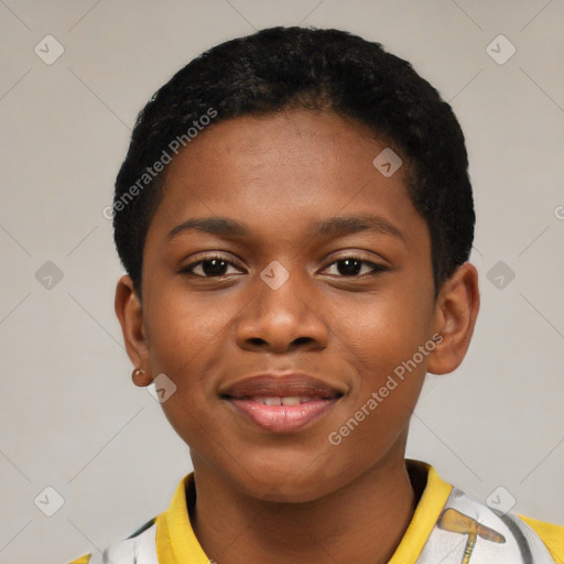 Joyful latino young-adult female with short  black hair and brown eyes