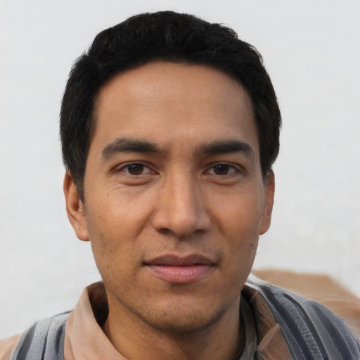 Neutral asian young-adult male with short  black hair and brown eyes