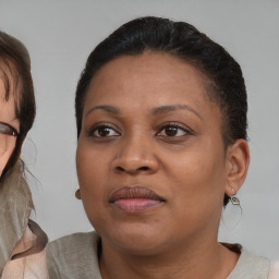 Joyful black adult female with medium  brown hair and brown eyes