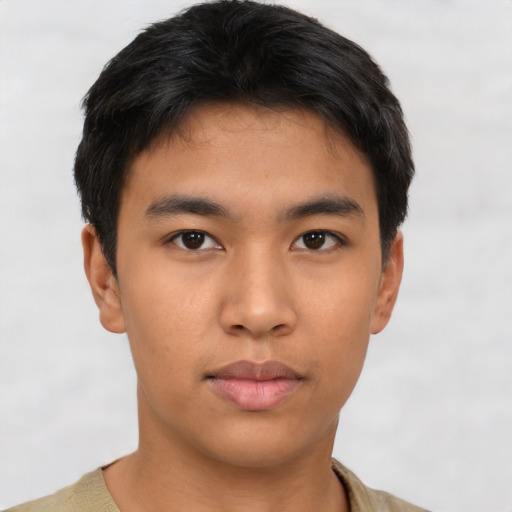 Neutral asian young-adult male with short  black hair and brown eyes