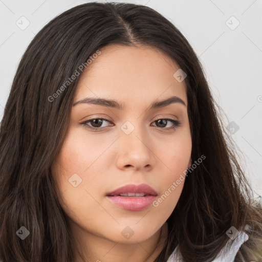 Neutral white young-adult female with long  brown hair and brown eyes