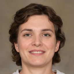 Joyful white adult female with medium  brown hair and brown eyes