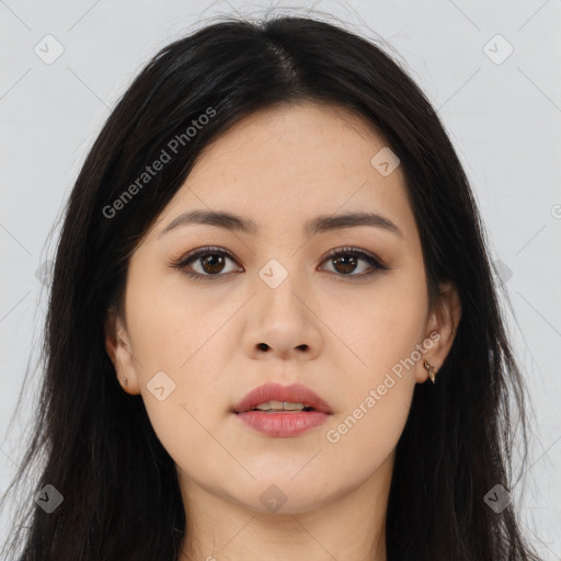 Neutral asian young-adult female with long  black hair and brown eyes