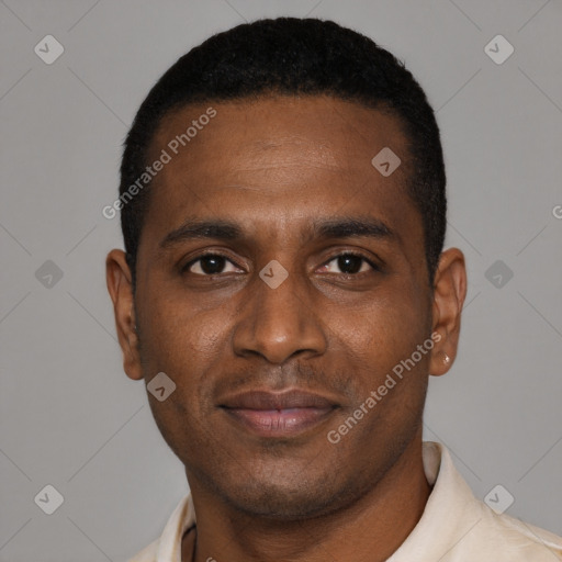 Joyful black young-adult male with short  brown hair and brown eyes