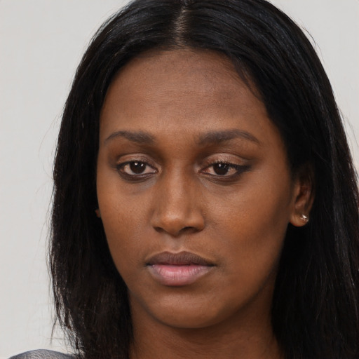 Neutral asian young-adult female with long  black hair and brown eyes