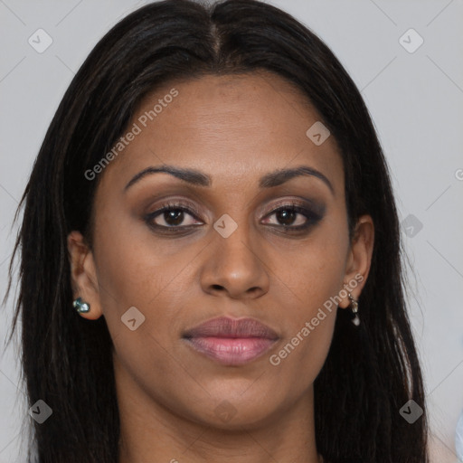 Joyful latino young-adult female with long  brown hair and brown eyes