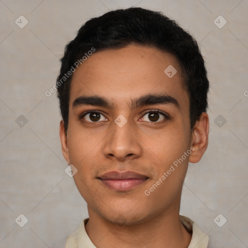 Neutral latino young-adult male with short  black hair and brown eyes