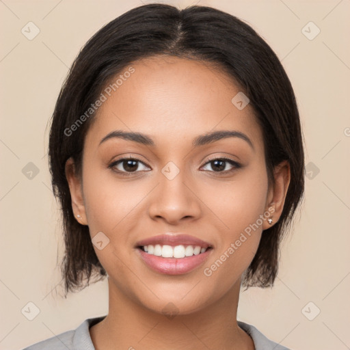 Joyful latino young-adult female with medium  brown hair and brown eyes