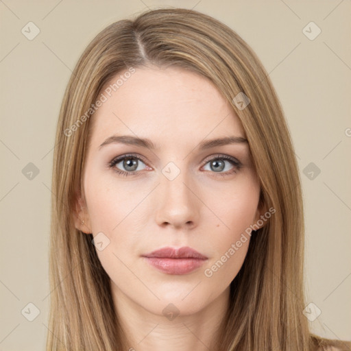 Neutral white young-adult female with long  brown hair and brown eyes