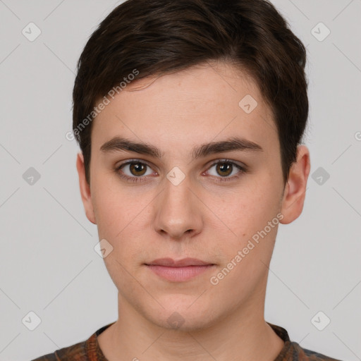 Neutral white young-adult male with short  brown hair and brown eyes