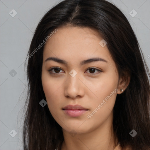 Neutral asian young-adult female with long  brown hair and brown eyes