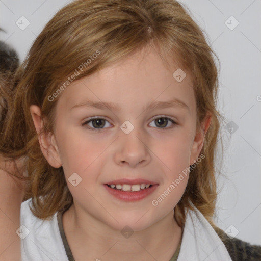 Joyful white child female with medium  brown hair and brown eyes