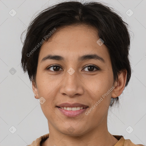 Joyful asian young-adult female with short  brown hair and brown eyes